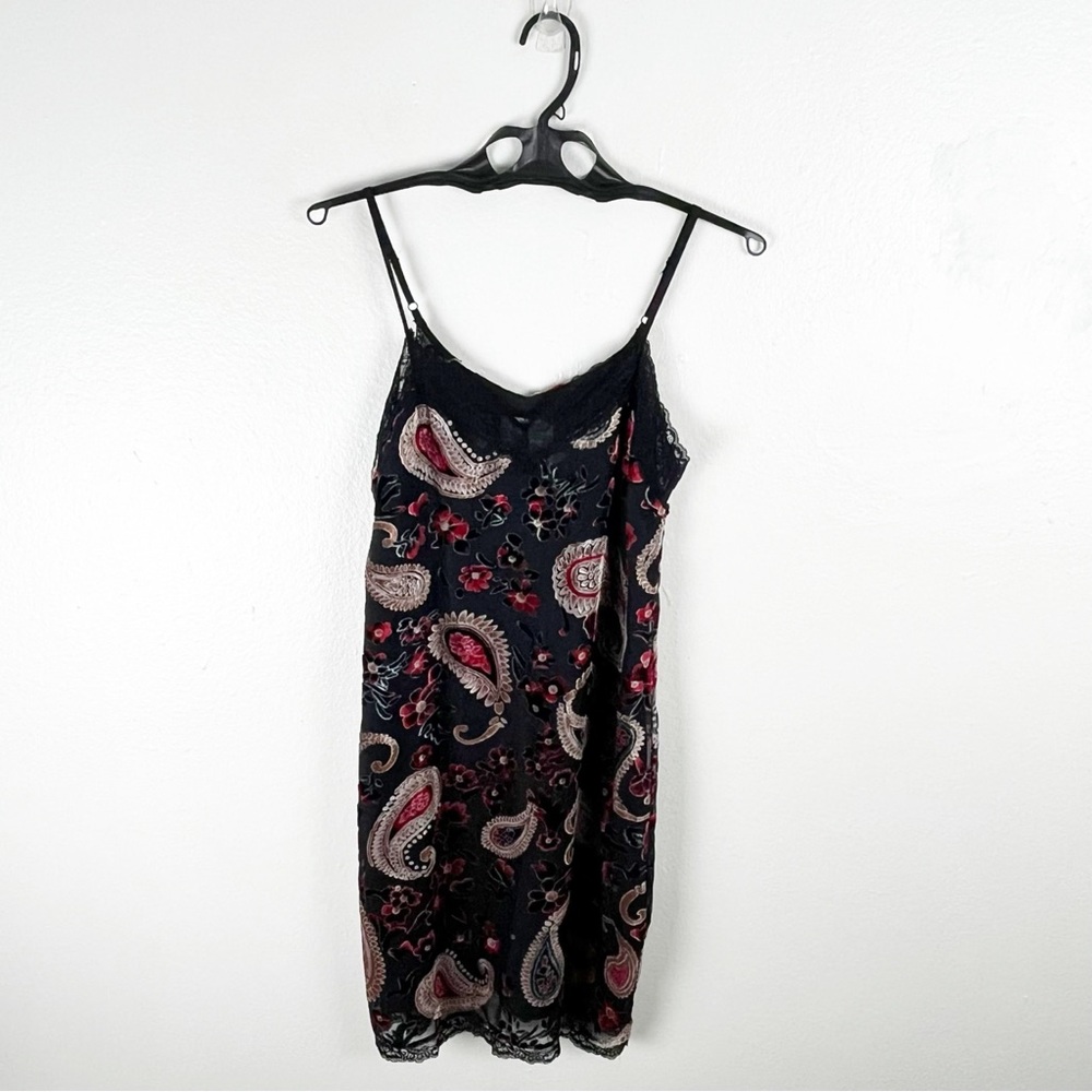 SKIES ARE BLUE Black Velvet Velour Paisley Lace Trim Slip Burnout Dress Small